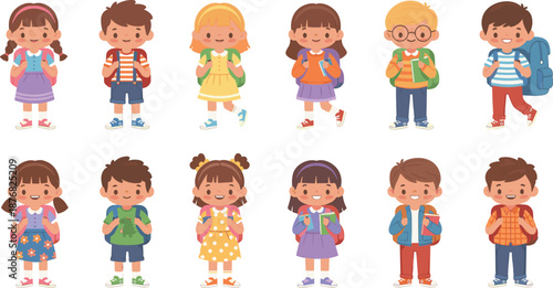 Cute School Children Cartoon Illustration Set – group of boys and girls with backpacks, smiling kids in colorful outfits – flat vector style, isolated on white background.