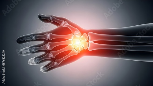 Carpal tunnel syndrome and wrist joint pain anatomy. Hand surgery and orthopedic medical care. Transparent hand skeleton with bright glowing inflammation point in the wrist