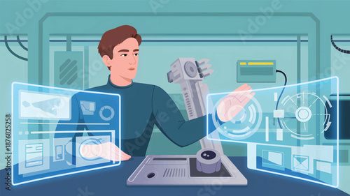Man interacting with futuristic holographic screens and robotic arm design