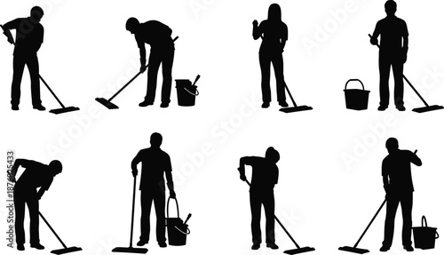 Cleaning staff silhouettes, janitorial workers mopping floors, housekeeping service icons, sanitation team, black vector set, isolated on white background illustration