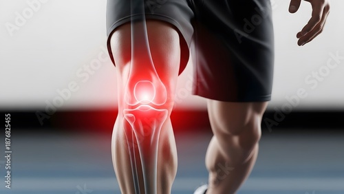 Knee joint pain and patellar tendonitis anatomy. Sports medicine and orthopedic recovery. Close up of male legs with glowing red skeletal knee joint showing inflammation during movement