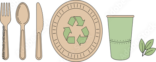 Eco Friendly Disposable Tableware Set Including Wooden Cutlery, Recyclable Plate with Symbol, Biodegradable Cup, and Green Leaves Illustration