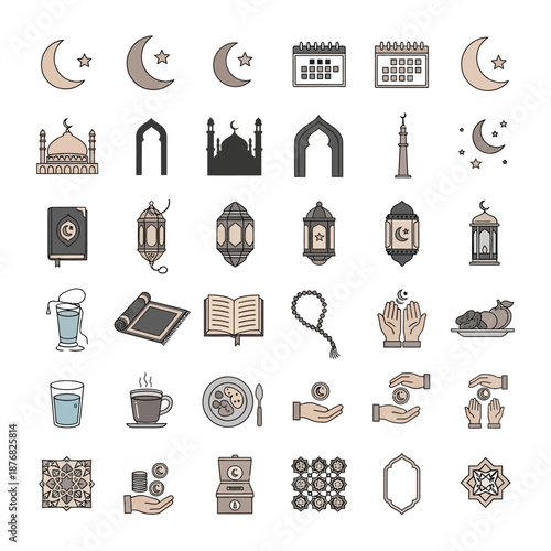 Ramadan Icon Collection: A comprehensive compilation of icons captures the essence of Ramadan, featuring celestial elements, mosque architecture, prayer essentials, and symbols of community