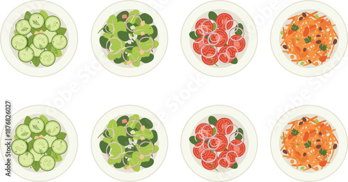 Fresh Vegetable Salad Plate Set – eight assorted salad plates featuring cucumber slices, mixed greens, tomato onion salad, and carrot herb salad – clean vector top-view food illustration.