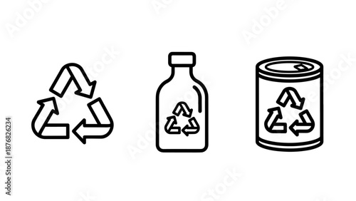 Recycling symbols icons: universal recycle logo, bottle, and can, signifying environmental responsibility and resource conservation.