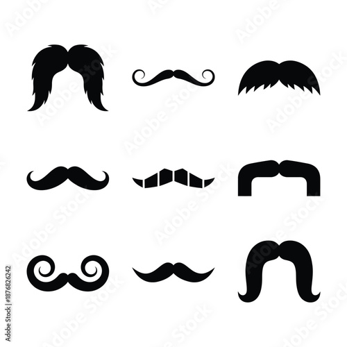 various types of black mustaches and sideburns on white background