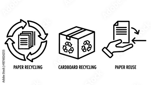 Paper and cardboard recycling and reuse icons: circular arrows with paper, box with recycling symbols, and hand holding paper.