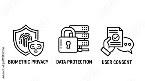 Data protection and privacy icons: fingerprint on shield, locked server, and user consent via chat bubble, ensuring digital security.