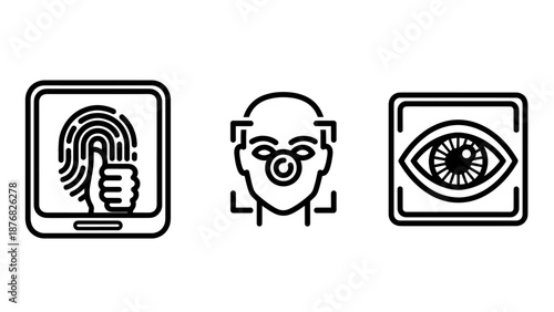 Advanced biometric identification icons: fingerprint on tablet, facial recognition scan, and iris eye scan for secure authentication.