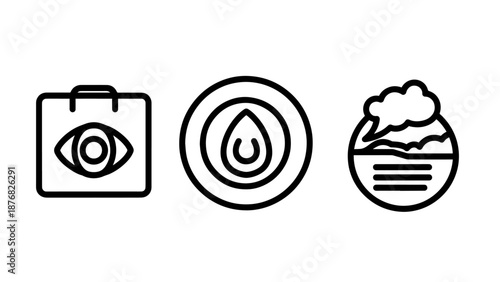 Abstract icons representing vision, water drop purity, and communication clouds, symbolizing perception, clarity, and connection.