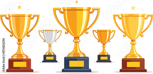 Golden Trophy Illustration Set Featuring Award Cups, Winner Prizes and Achievement Symbols in Shiny Realistic Style