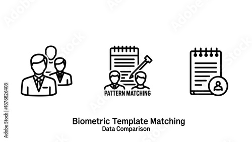 Biometric template matching icons for data comparison: group of people, notebook with pencil, and document with person icon.