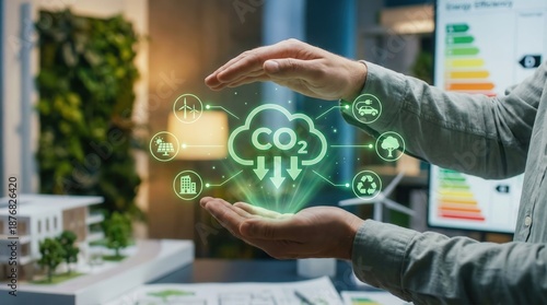 Innovative concept of carbon dioxide emission reduction and sustainability with green holographic eco icons,clean energy and environmental protection technology