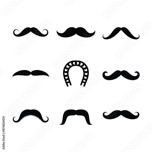 a collection of various mustaches and a horseshoe