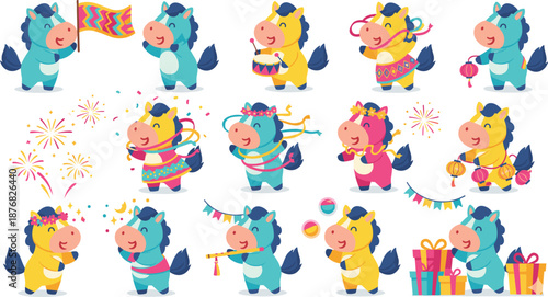 Cute Festival Unicorn Character Illustration Set – colorful unicorn mascots celebrating with flags, drums, fireworks, lanterns, garlands, gifts, and party accessories .