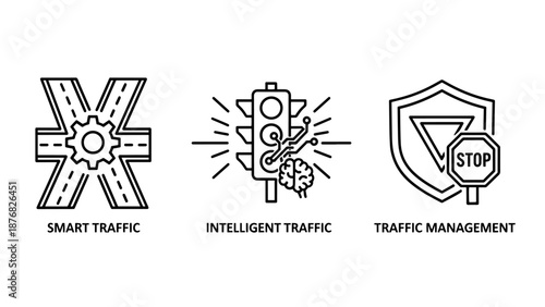 Smart traffic management and intelligent transportation system line icons with road gears, signal brains, and stop signs.