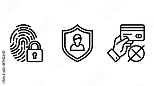 Digital security and identity protection line icon set including biometric fingerprint lock, user shield, and credit card safety.