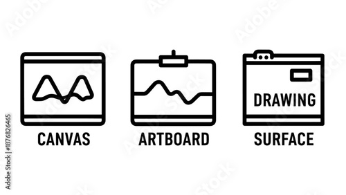 Creative workspace line icons for digital art including canvas, artboard, and drawing surface interface concepts.