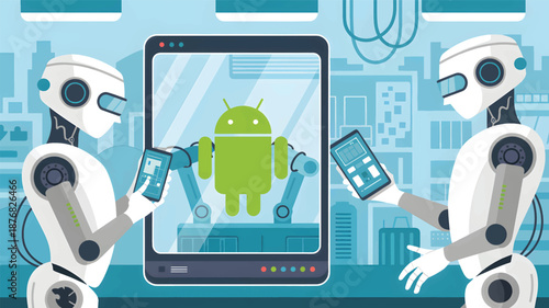 Two white robots holding smartphones and tablet with green android robot on screen technology