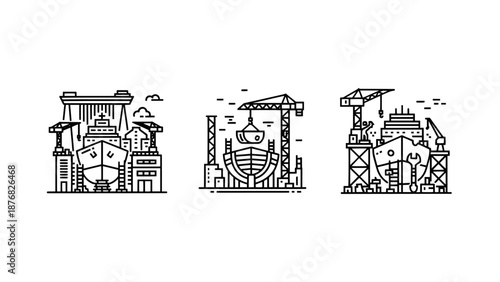 Shipbuilding and maritime engineering illustrations showing dry dock construction, harbor cranes, and vessel repair scenes.