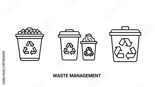 Waste management and environmental recycling line icons with trash bins, recycling symbols, and refuse containers.