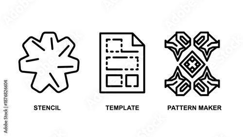 Creative design tools and graphic production icons featuring custom stencil shapes, digital document templates, and geometric pattern maker tools for artists and illustrators.
