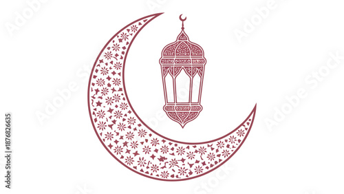 Symbol of Ramadan: A serene crescent moon, adorned with intricate floral patterns, cradles a delicate lantern, all rendered in elegant detail to evoke the spirit of Ramadan.