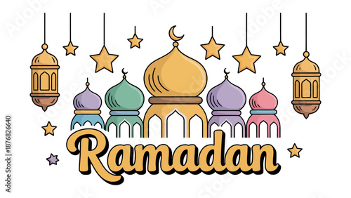 Celebrating Ramadan: A colorful illustration capturing the spirit of Ramadan, featuring ornate mosques, crescent moons, stars, and lanterns.