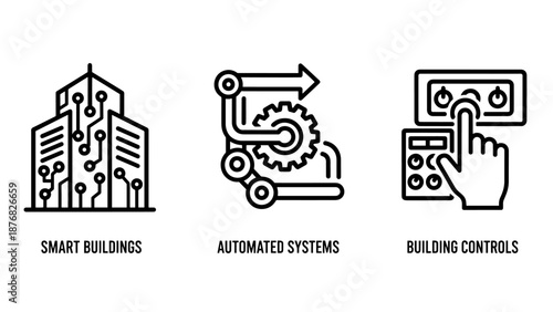 Modern building automation and smart property management icons showing integrated circuit structures, industrial automated systems, and digital control panels.