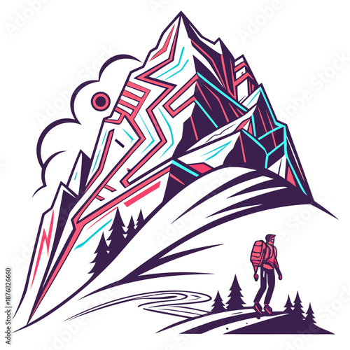 Hiker approaching majestic mountain