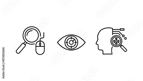 Data analysis and digital tracking icons featuring search magnifying glass with mouse, visual targeting eye, and human mind with neural network surveillance concepts.