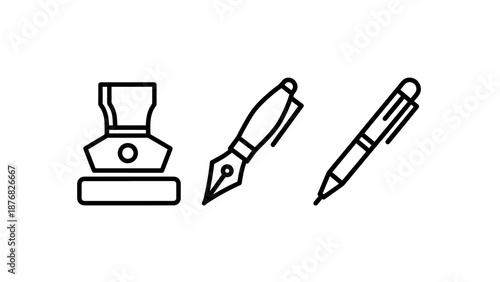 Traditional and modern writing instruments set including a fountain pen nib, a classic fountain pen, and a modern office ballpoint pen icon.