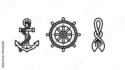 Classic maritime and nautical symbols collection featuring a heavy sea anchor with rope, a traditional ship's steering wheel, and a decorative sailor's knot.