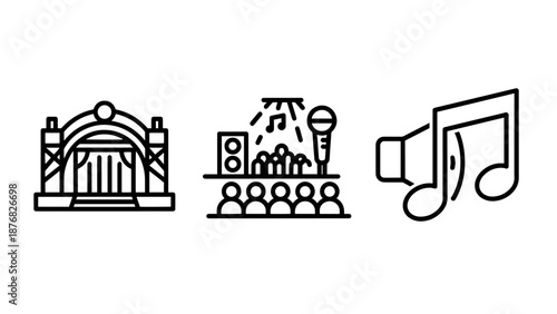 Entertainment and performing arts icons featuring a classic theater stage, a live music concert with audience, and digital audio sound output concepts.