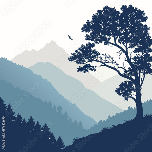 Serene mountain landscape with solitary tree