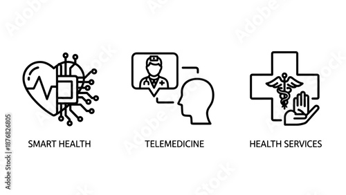 Digital Health and Telemedicine Icons: Smart Healthcare, Online Doctor Consultation, and Medical Services Concepts