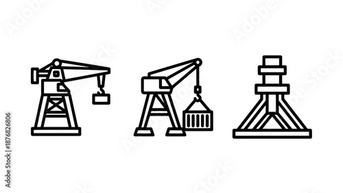 Industrial Crane and Construction Machinery Icons: Port Logistics, Container Loading, and Heavy Engineering Structure
