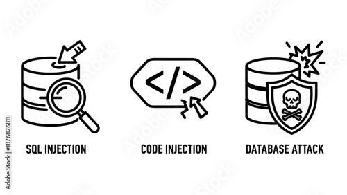 Cyber Security Database Attack Icons: SQL Injection, Code Injection, and Hacking Threat Illustrations