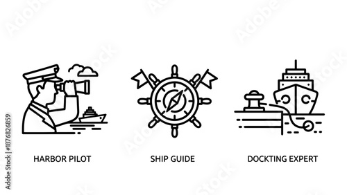 Maritime Navigation and Shipping Pilot Icons: Harbor Pilot, Ship Guide Wheel, and Vessel Docking Expert Symbols