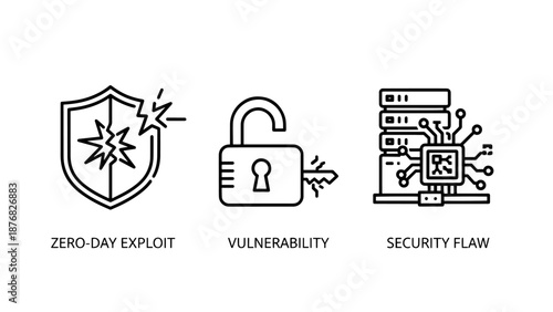 Software Vulnerability and Cyber Exploit Icons: Zero-Day Attack, Security Flaw, and Broken Shield Symbols