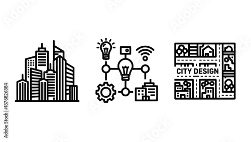 Urban Planning and Smart City Design Icons: Skyline Architecture, Network Innovation, and Street Map Layouts