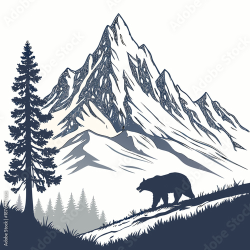 Bear walking near snowy mountains