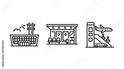 Illustrations of airport terminals, waiting areas, and boarding stairs with planes, showing travel infrastructure