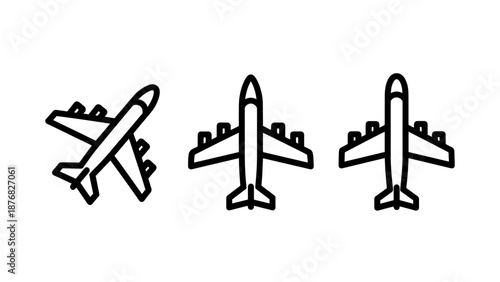 Set of three airplane icons in line art style, representing travel, aviation, and flight