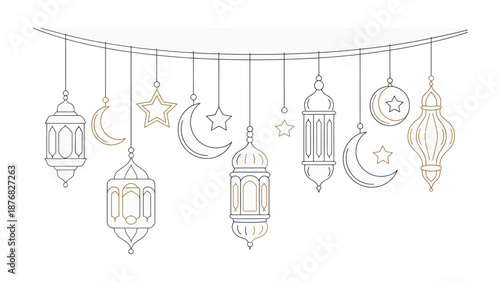 Celestial Lanterns: An elegant array of stylized lanterns, crescents, and stars are suspended, creating a celebratory atmosphere. Capturing a sense of festive elegance.