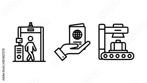 Airport Security Checkpoint and Passport Control Line Icons Including Metal Detector and Baggage X-ray Scanner
