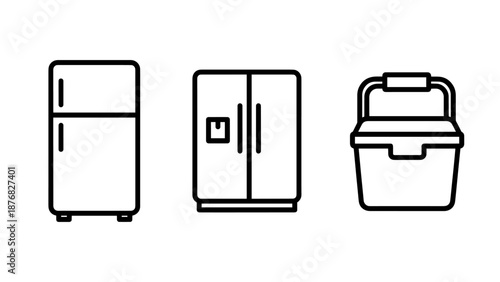 Home Cooling Appliance Icons Set with Single Door Refrigerator Double Door Fridge and Cooler