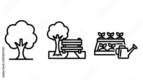 Line art icons representing elements of a garden: a solitary tree, a park bench under a tree, and a raised garden bed with plants and watering can.