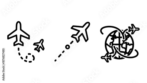 Airline route icons showing three different representations of air travel: a small plane with a dotted path, a plane with a dashed line path, and planes circling the globe.