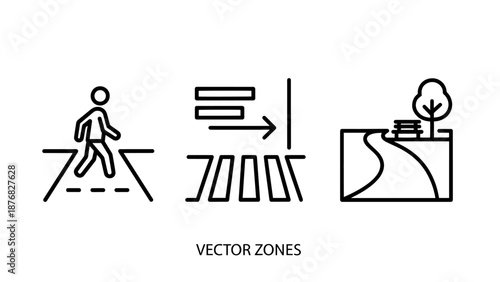 Icons illustrating pedestrian crossing, road lanes with arrow, and park path with bench and tree, representing urban zones.
